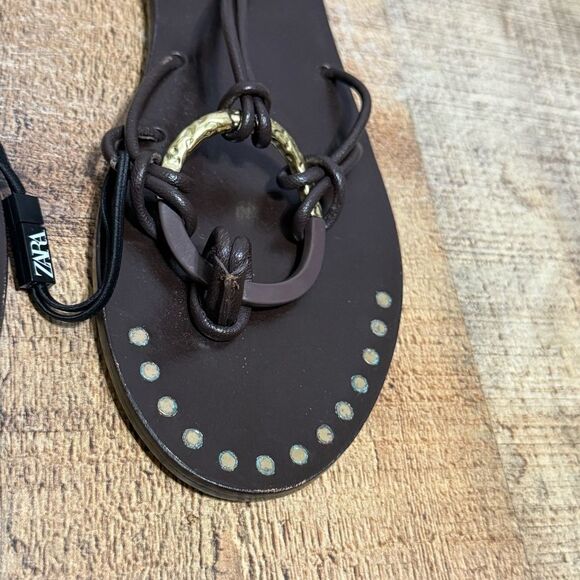 ZARA FLAT LEATHER SANDALS WITH DECORATIVE DETAIL - Picture 7 of 14